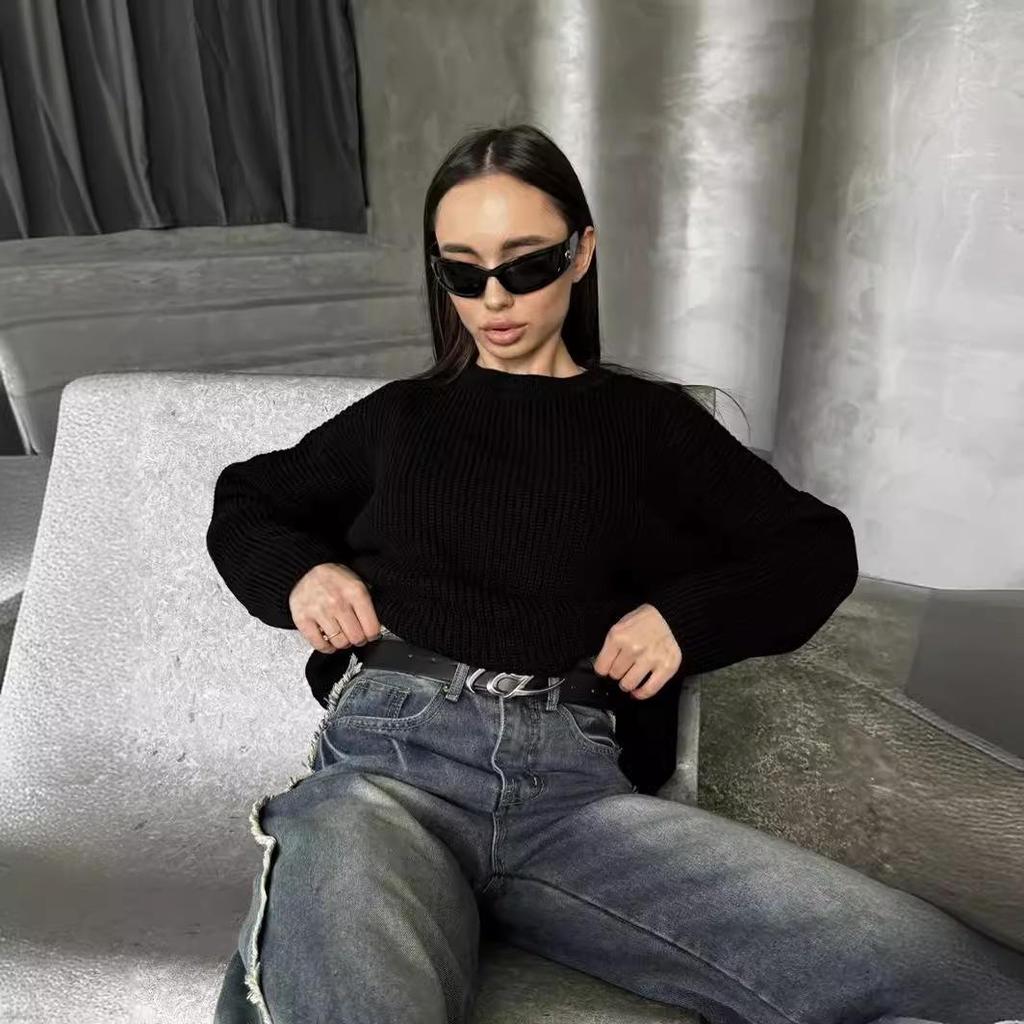 Plain Round Neck Sweater - 2024 European & American Spring/Autumn Loose Knit Pullover for Women