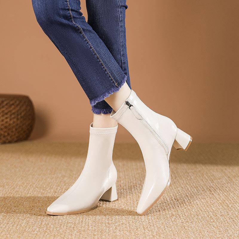 High-heeled Short Boots Women's Spring and Autumn Single Boots 2024 New Women's Boots Medium Tube Thin Pointed Fashion Boots Thick-heeled Leather Boo