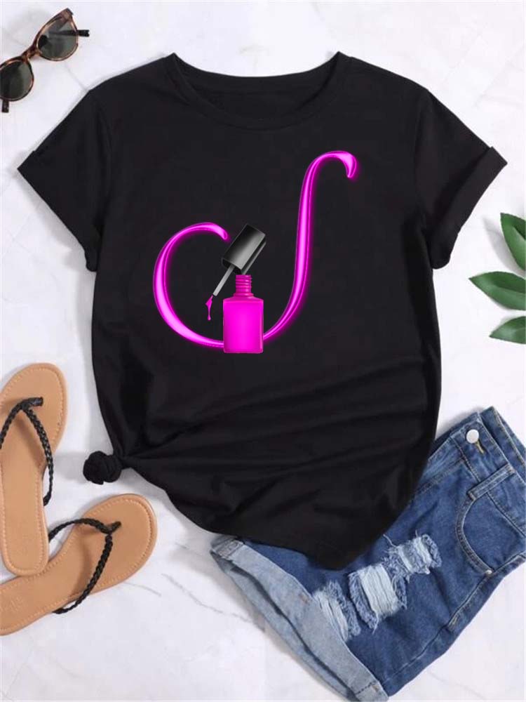Maycaur Custom Name Letter Combination Fashion Women T-shirt Nail Polish Letter Font A B C D E F G Short Sleeve Tops Female Tees