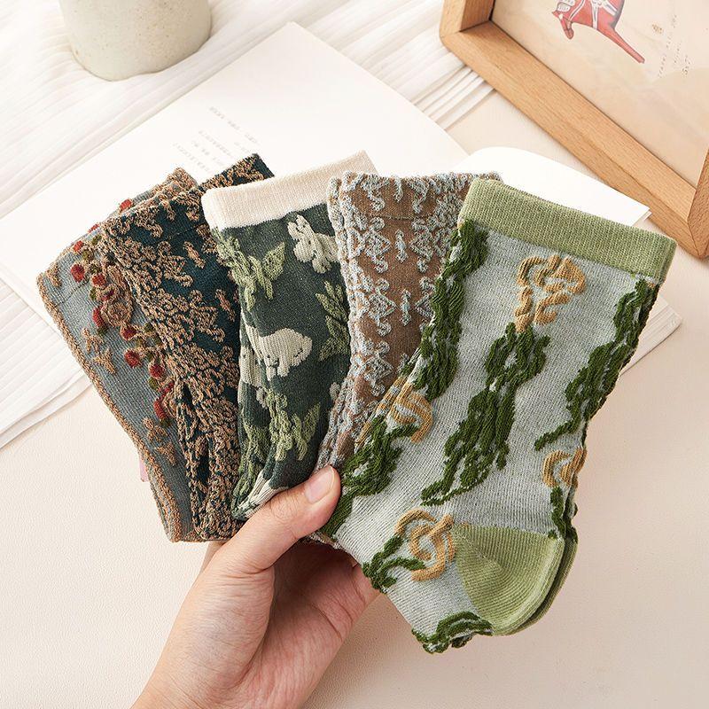 5 Pairs Retro Three-dimensional Relief Socks Women's Medium Tube Socks Spring and Summer Thin Cute Mori Literary Tide Stockings