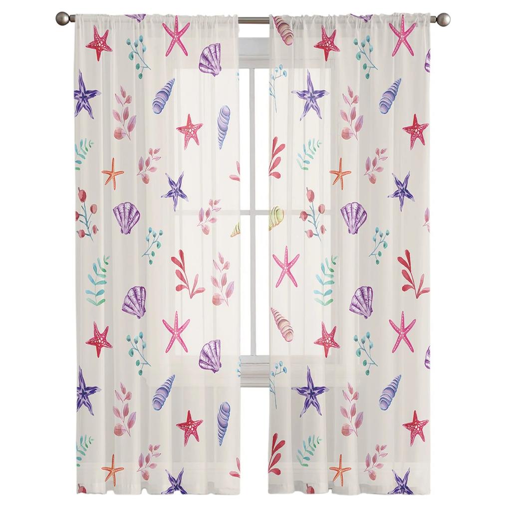 Flowers Foliage Gradient Shells Starfish Bedroom Transparent Sheer Curtains Holiday Decoration Window Voile Tulle Curtain