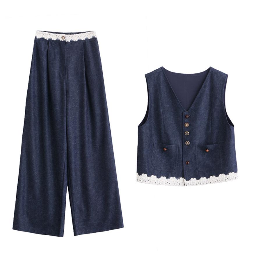 Fashion lace splicing denim vest suit women's summer new age-reducing wide-leg pants three-piece set