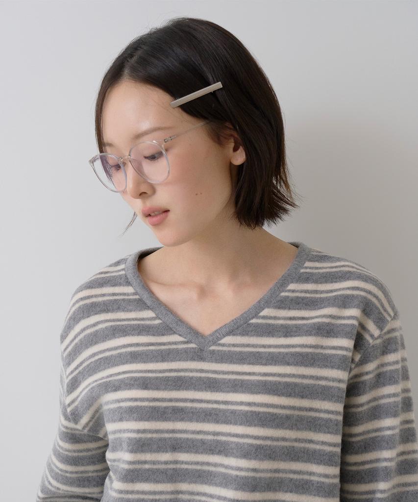 Sayu Striped Brush V-Neck Pullover Gray