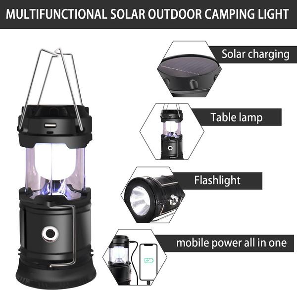 Collapsible Portable LED Camping Lantern Waterproof Solar USB Rechargeable LED Flashlight Survival Kits for Indoor Outdoor Home Emergency Light