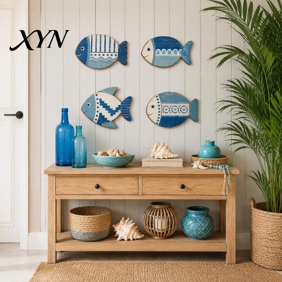 Unique Gift for Beach Lovers 4PCS Wooden Fish Wall Decoration, Rustic Mediterranean Style Hanging Plaques, Blue White Vintage Wood Craft Entryway