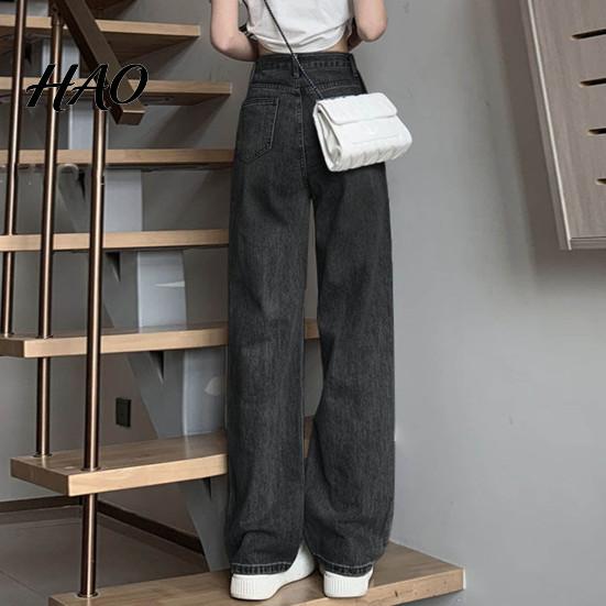 Solid Color High-waist Jeans Women High Waist Button Zipper Closure Vintage Loose Fit Hidden Belly Shape Trousers Pockets Straight Wide Leg Streetwear