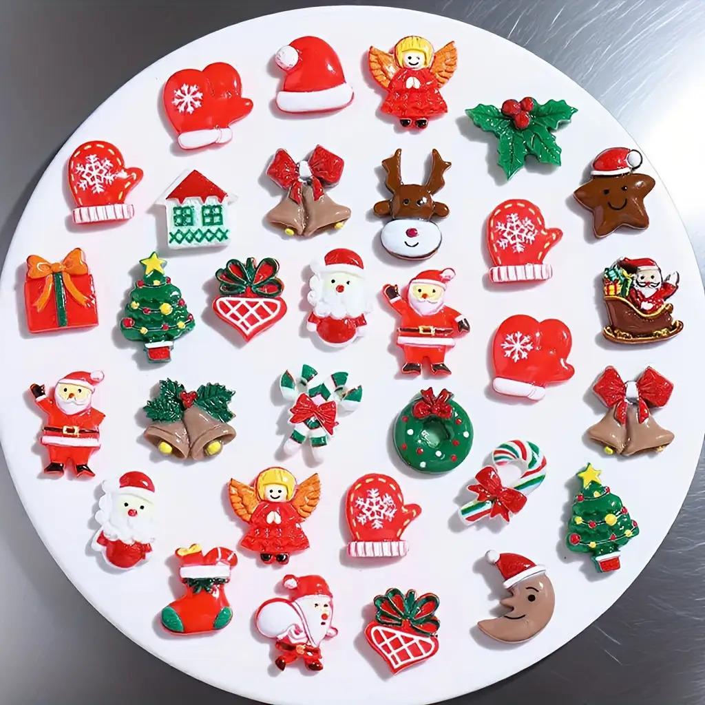 30-Piece Set of Random Styles of Small Resin Accessories for Diy, Various Styles, Dopamine Color Series, Cat Pattern Designs, Snowman Shapes, Hair 