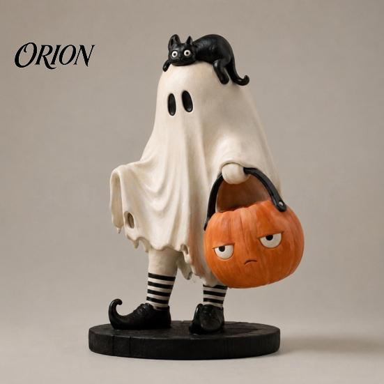 Halloween Resin Ornament Cute Ghost Statue, Black Cat Holding Pumpkin Bucket Ornament, Whimsical Home Accessories Figurine for Holiday Party