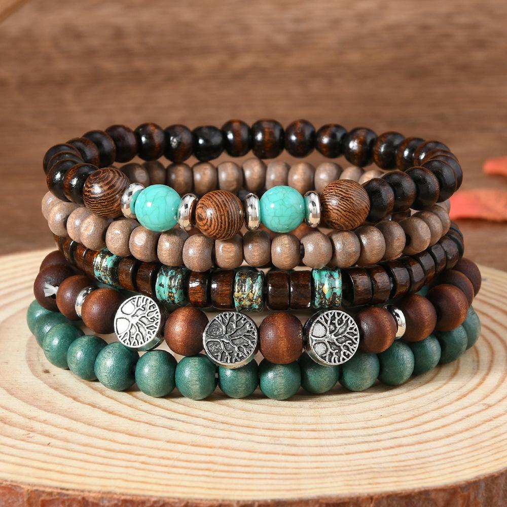 5-Piece Unisex Bracelet Set: Coconut Shell Wood Beads, Elastic Thread, Turquoise Design цветочный