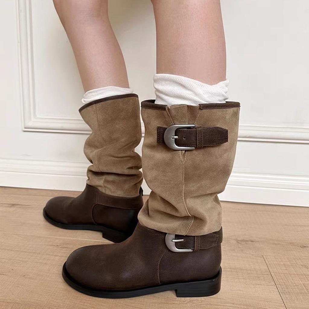 Pile Boots Women's 2025 Autumn and Winter New Retro Versatile Buckle Boots Medium Boots Thick Heel Knight Boots