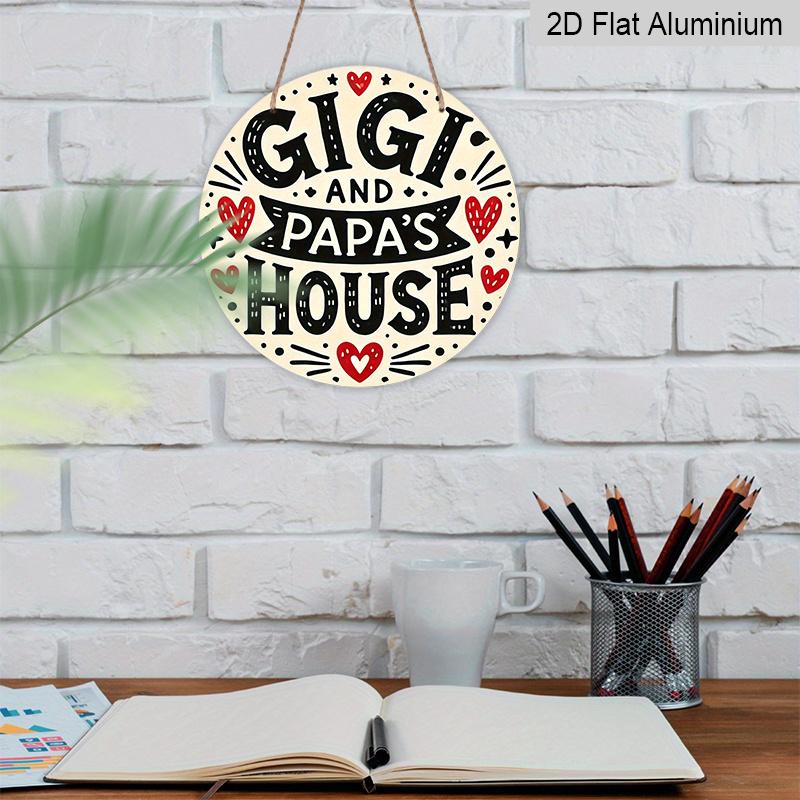 2D Flat, 1pc Round Aluminum "Gigi and Papa's House" Sign, Cute Heart & Star Wall Decor, Whimsical Black and White Style, Waterproof & Durable