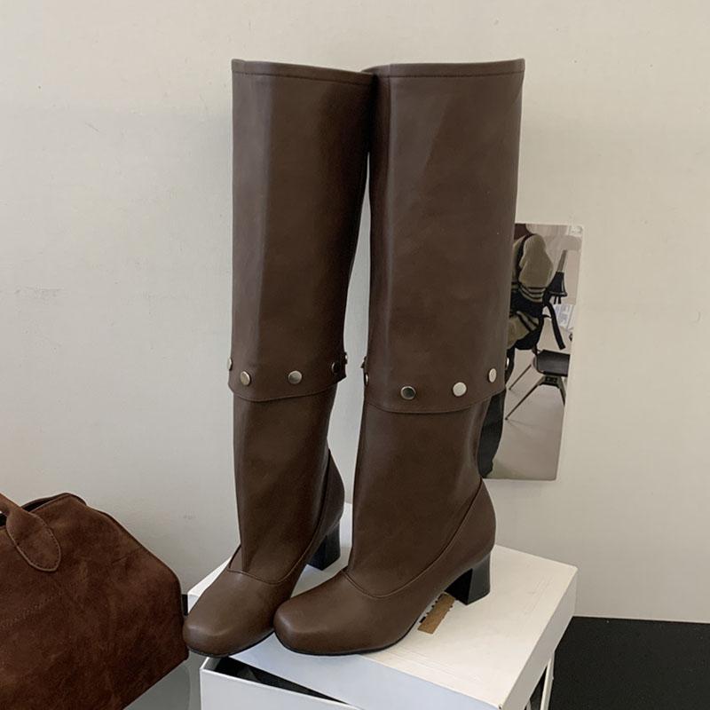 Fashion Female Square Heels Modern Ladies Knee High Boots Shoes Fashion Rivet Women Western Long Boots Pumps Shoes New Autumn Winter