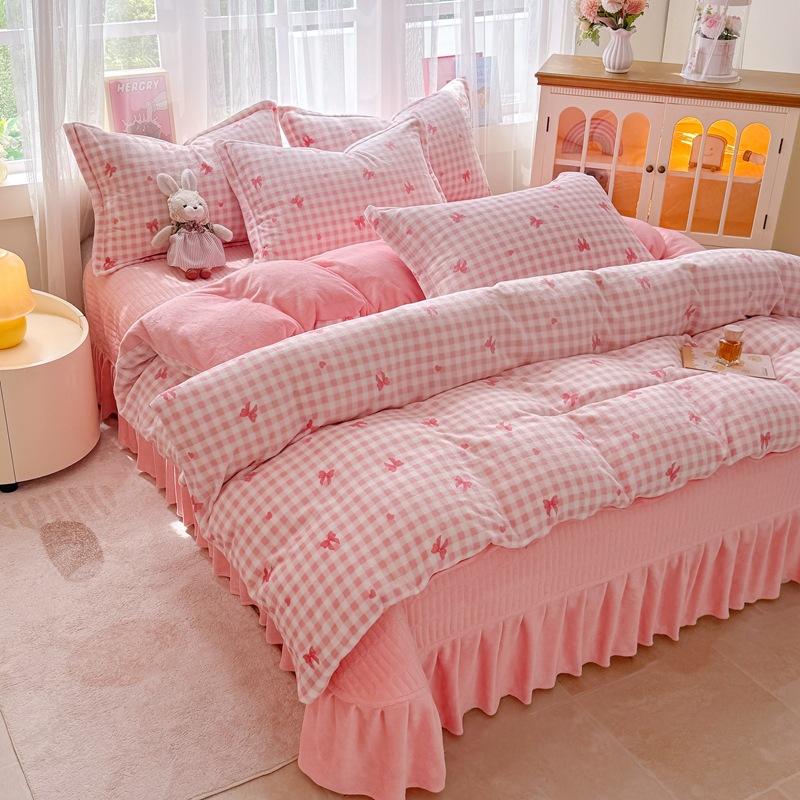 Thickened Milk Fleece Bed Cover Four-Piece Set, Fleece Bed Sheet Quilt Cover, Baby Fleece Three-Piece Set, Bedding