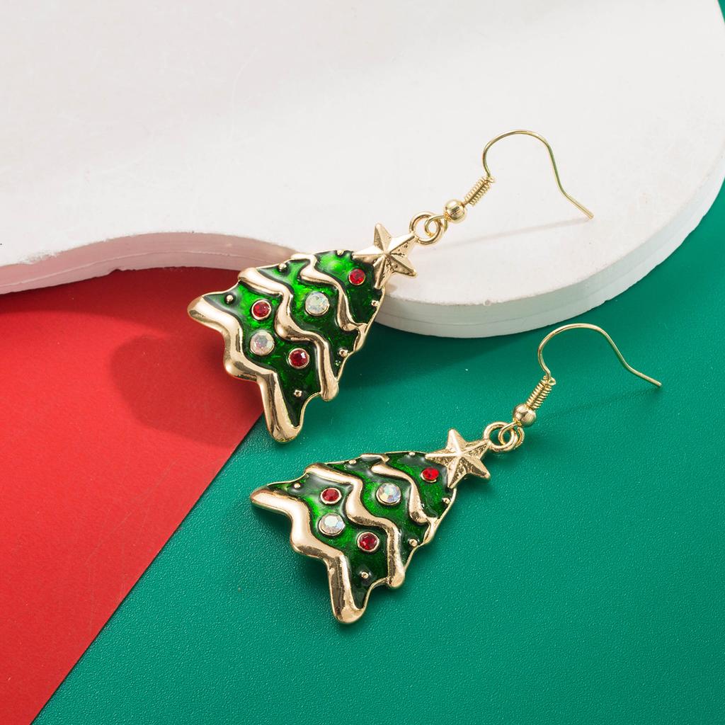 Christmas Series Alloy Oil Drop Inlaid Diamond Reindeer Bell Santa Claus Christmas Tree Earrings Versatile Earrings Ear Jewelry