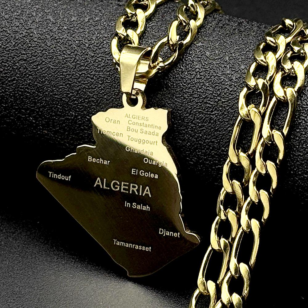 Algeria Map Pendant Necklace for Men Women Stainless Steel Gold Color Country National Geography Major Cities Chain Jewelry