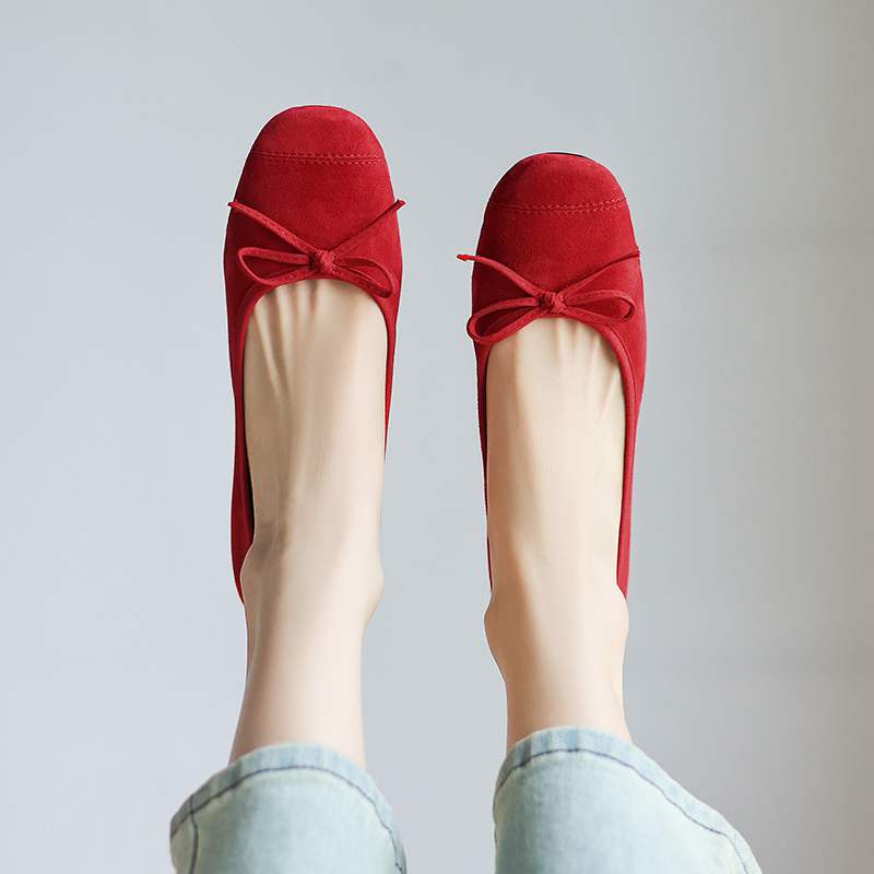 Krazing Pot Suede Fashion Spring Size 42 41 Low Heels Women Round Toe Shoes Ballet Dance Butterfly-knot Shallow Pumps