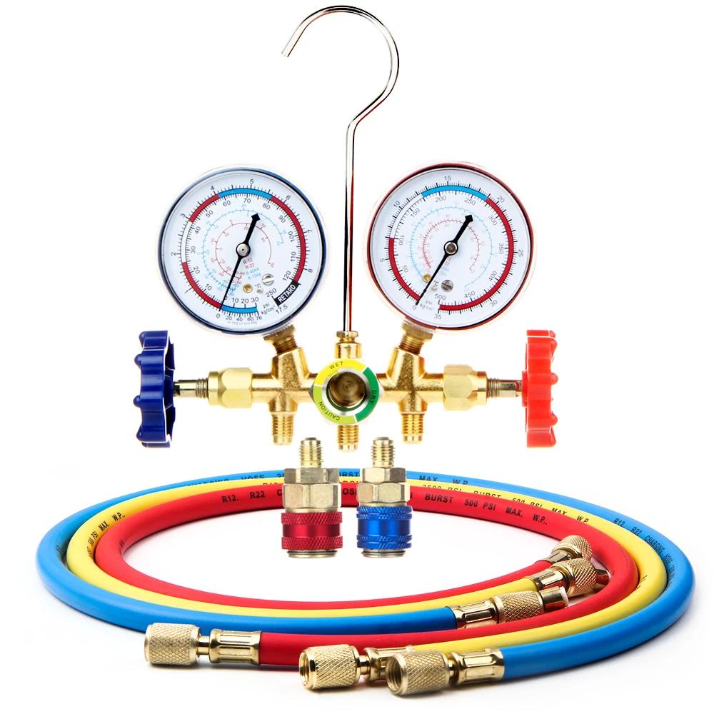 New Air Conditioning Pressure Gauge with Hose and Hook 3 Way AC Diagnostic Manifold Gauge Set for Freon For R12 R22 R404A R134a