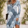 Women Abstract Printed Criss Cross V Neck Long Sleeve Fitted Curved Hem Dress