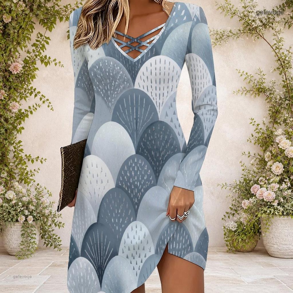 Women Abstract Printed Criss Cross V Neck Long Sleeve Fitted Curved Hem Dress