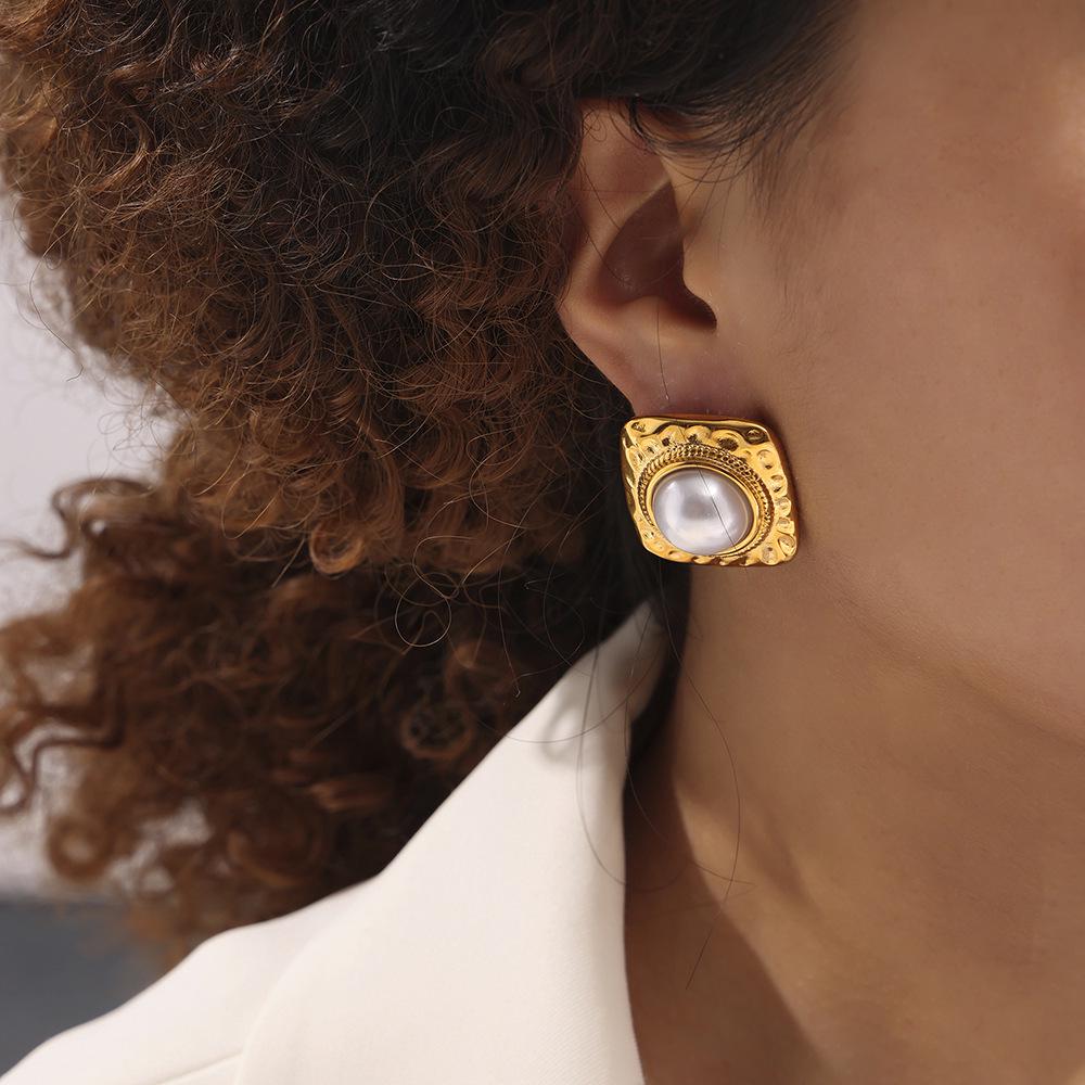 French Retro Square Lava Faux Pearl Stud Earrings In 18k Gold-Plated Titanium