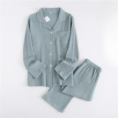New Pure Cotton Crepe Men's Long-sleeved + Trousers Pajamas Spring and Autumn Thin Couple Home Wear Set Women's Pajamas