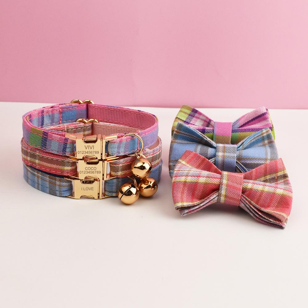 Plaid Series Engravable Pet Collar with Bell - For Cats & Dogs
