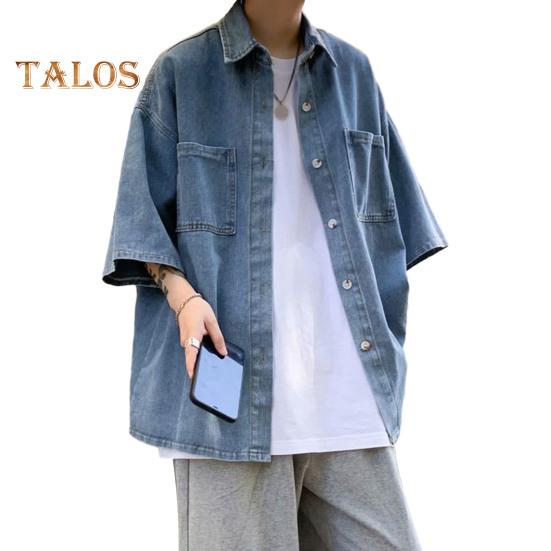 Men Denim Button-down Shirt Short Sleeve Lapel Shirt with Chest Pockets Loose Fit Casual Shirt for Summer Daily Wear Vacation Street