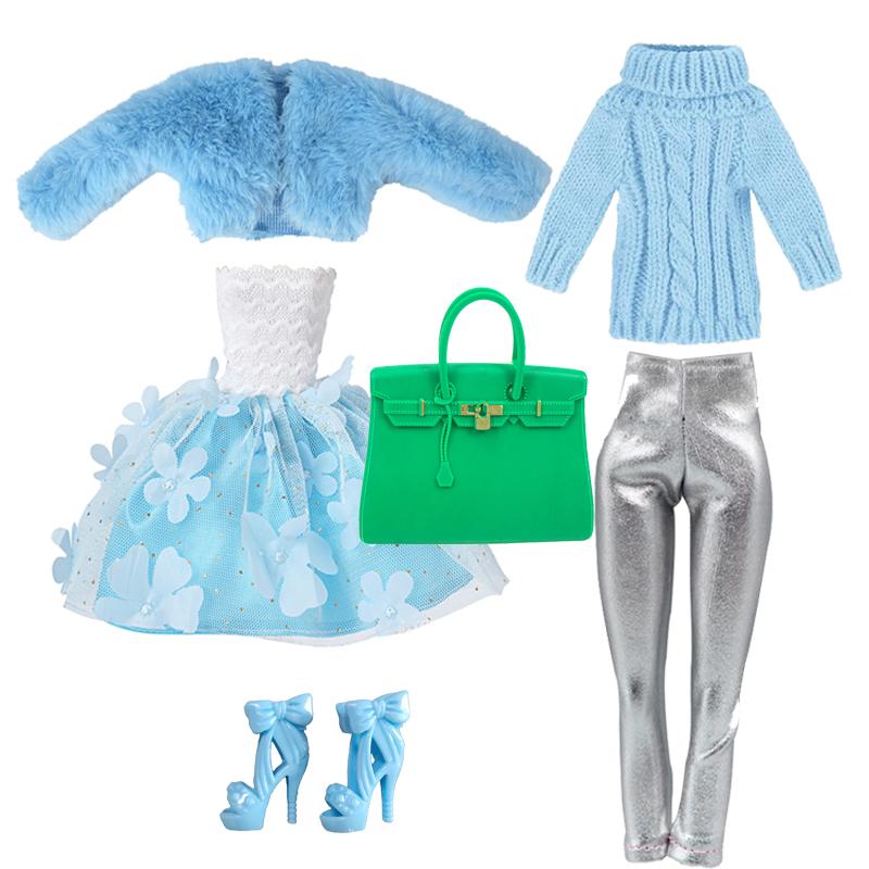 1/6 Doll Clothes Fashion Mix Blue Fur Coat Style for 12 inch Fashion Doll Outfits Set Handmade 30cm Doll Clothing Accessories