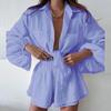 Women 's 2-Piece Tracksuit Outfit Set Long Sleeve Cotton Linen Shirt Loose High Waisted Mini Shorts Set