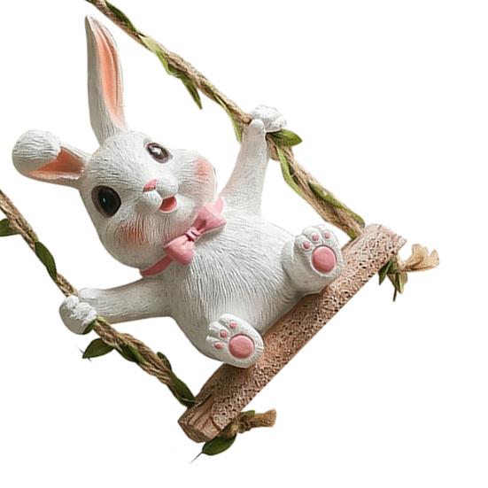 Rabbit on A Swing Ornament Durable Resin Waterproof Hanging Decor with Hemp Rope And Leaf Design Pendant for
