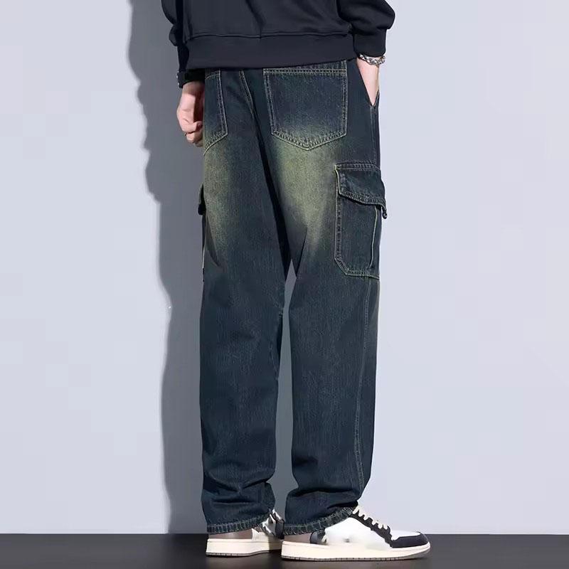 Men's Cotton Straight Cargo Jeans Trendy Multi-pocket Nostalgic Loose Trousers Man American Vintage Fashion Denim Pants