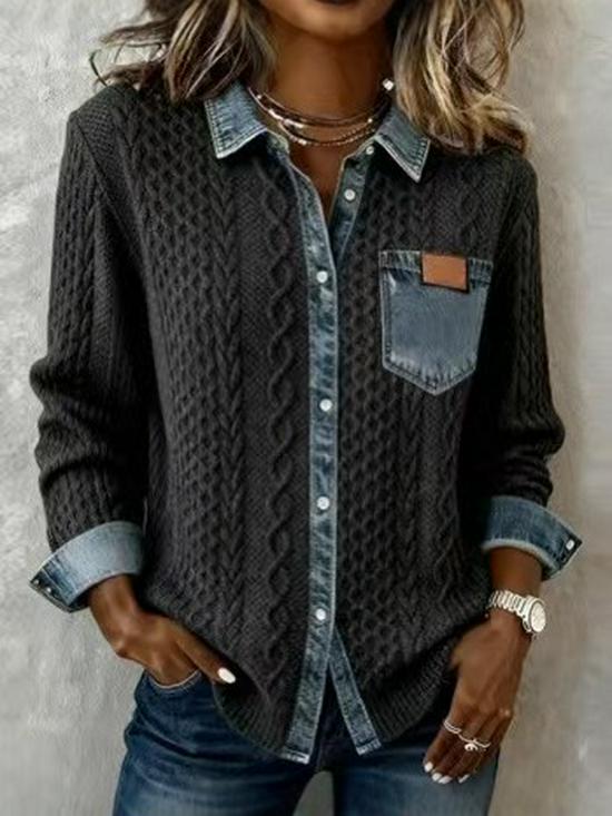 European Style Knit Patchwork Denim Shirt - Women's Autumn/Winter Long Sleeve Cardigan