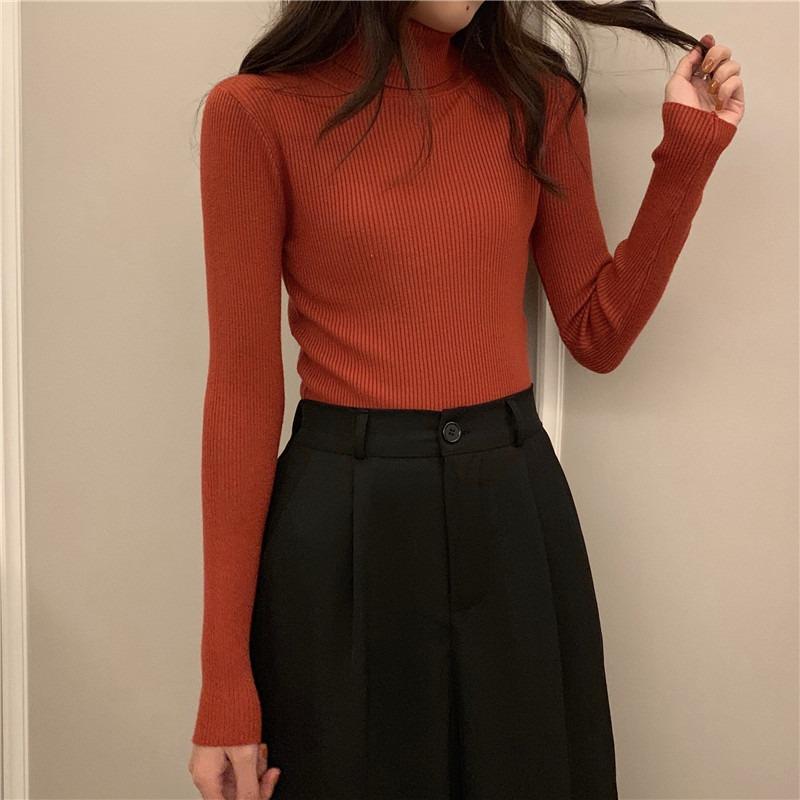 Herbst und Winter Damen-Bottom-Shirt, hochgeschlossener gestrickter Innenpullover, schlanker, vielseitiger Strickpullover