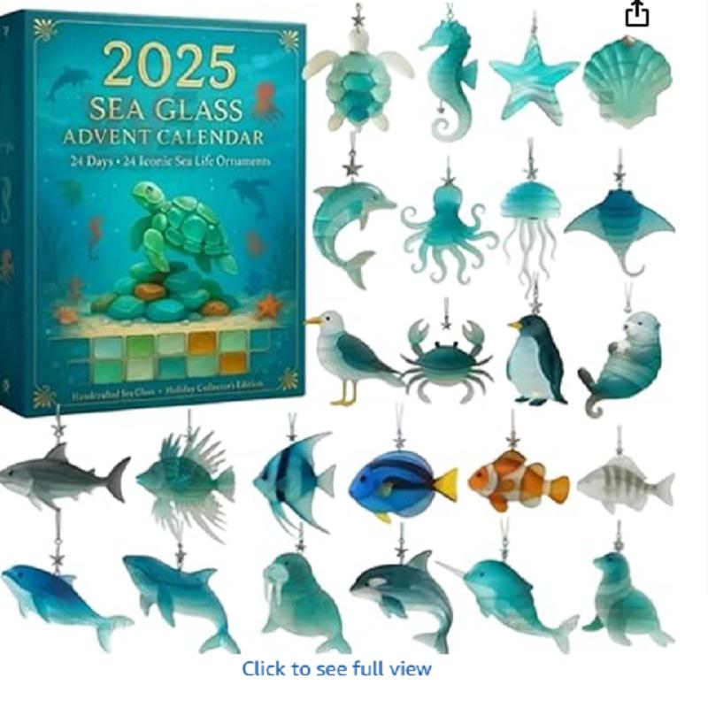 Christmas Advent Calendar with 24 Christmas Tree Ornaments Advent Countdown Calendar for Ocean Themed Holiday Surprises Gift