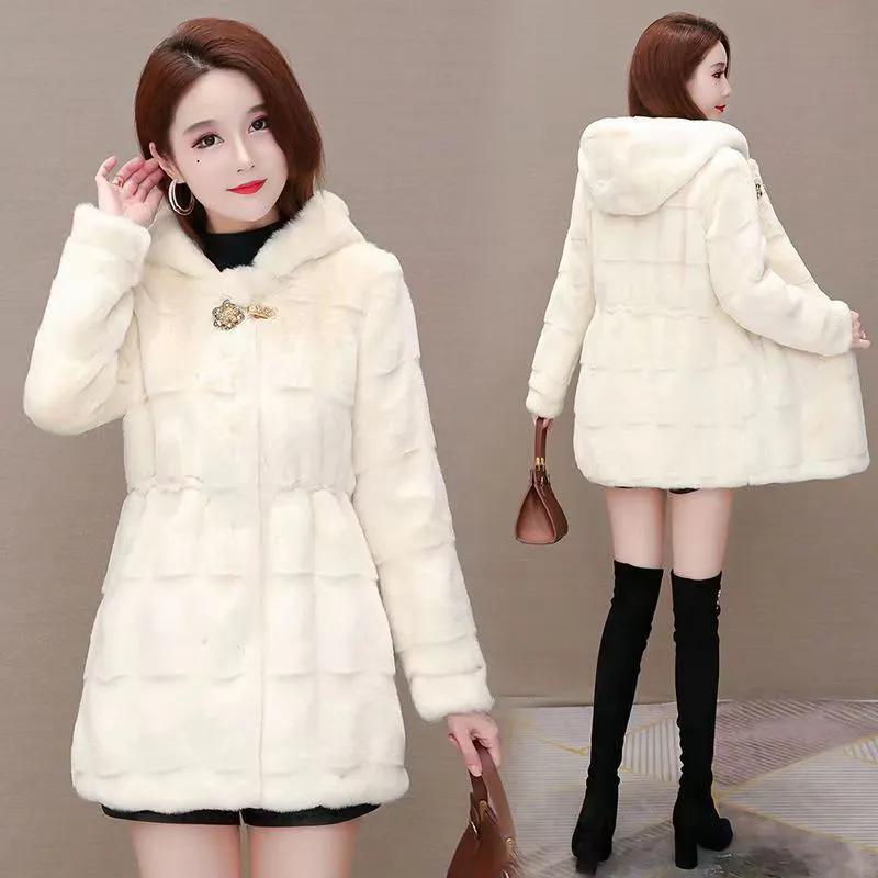 Imitation Mink Fleece Fur Coat Mother's Winter Warm Cotton Coat Mid-length Fashion Hooded Thick Coat