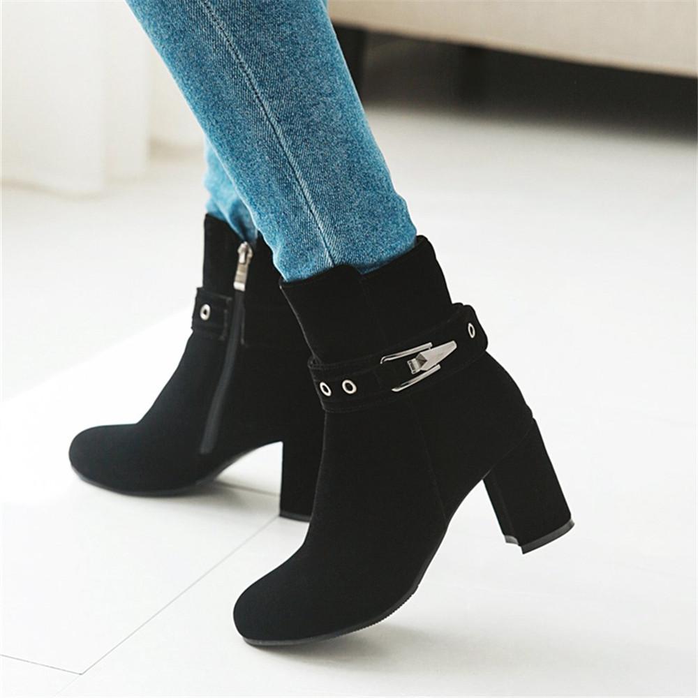 Fashion Large Size Round Toe Square Heel For Women Boots Fashion Buckle Ankle Boots Women Shoes Zipper Cheap High Heel Boots Woman 31-43