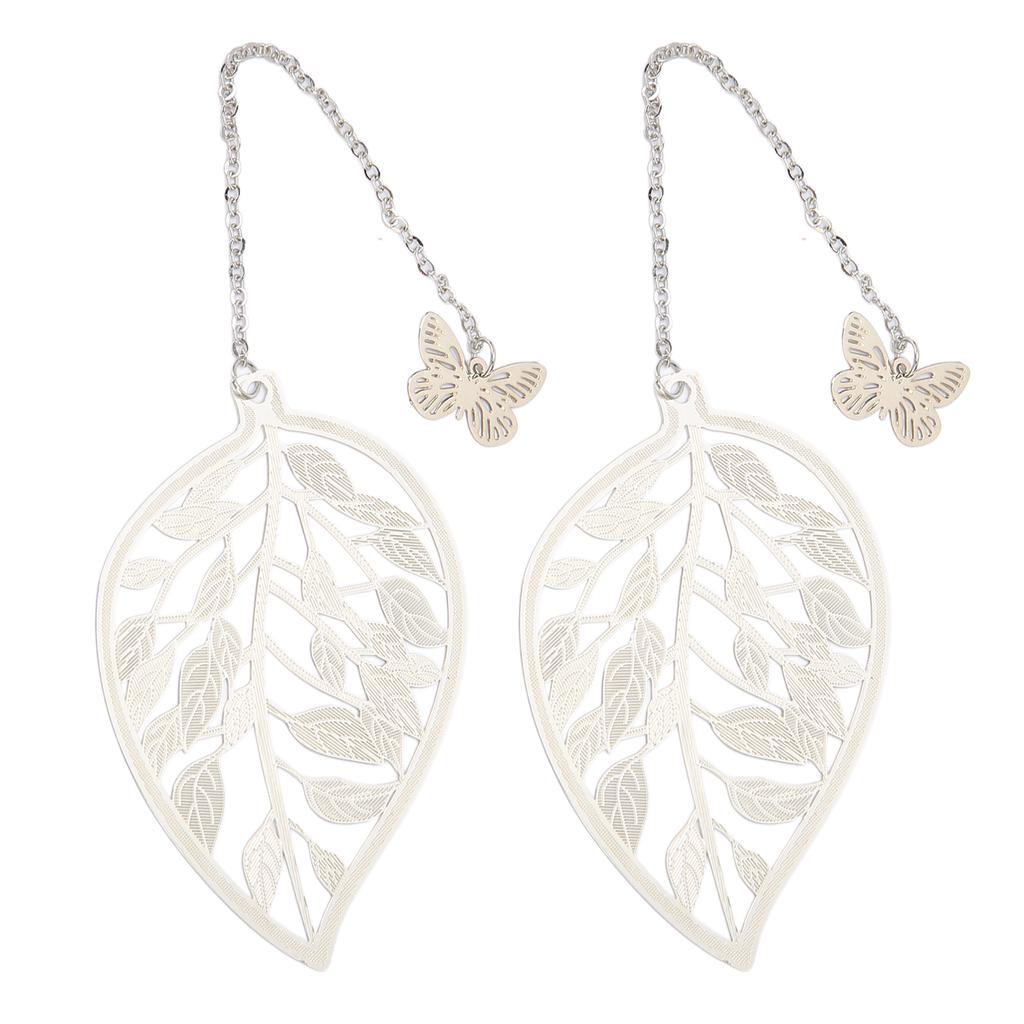 2Pcs Metal Bookmarks Retro Leaf Style Silver Color Elegant Light Slim Hollow Bookmark for Office School Family