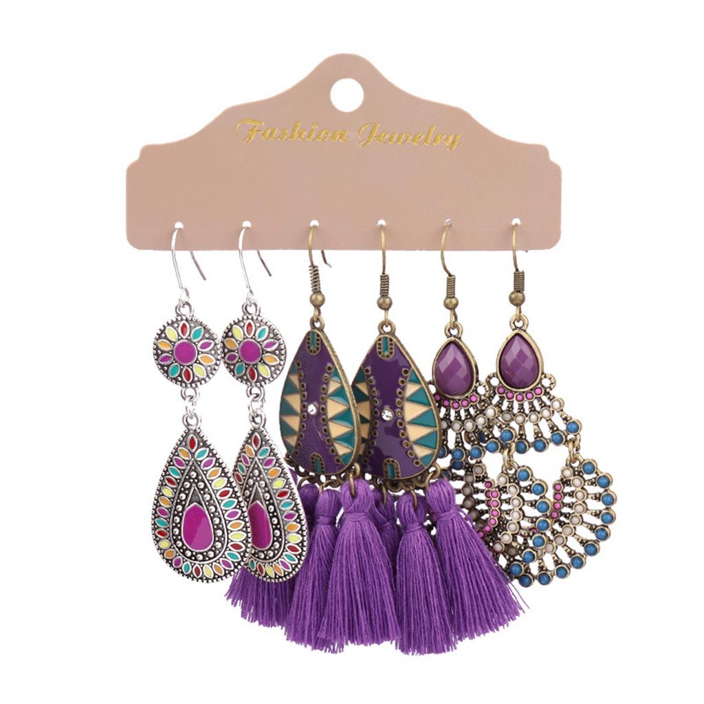 6 Stück Retro Böhmischer Stil Damen Blumen Quaste Geometrische Damen Ohrring Sets, Geeignet für Urlaubsaccessoires