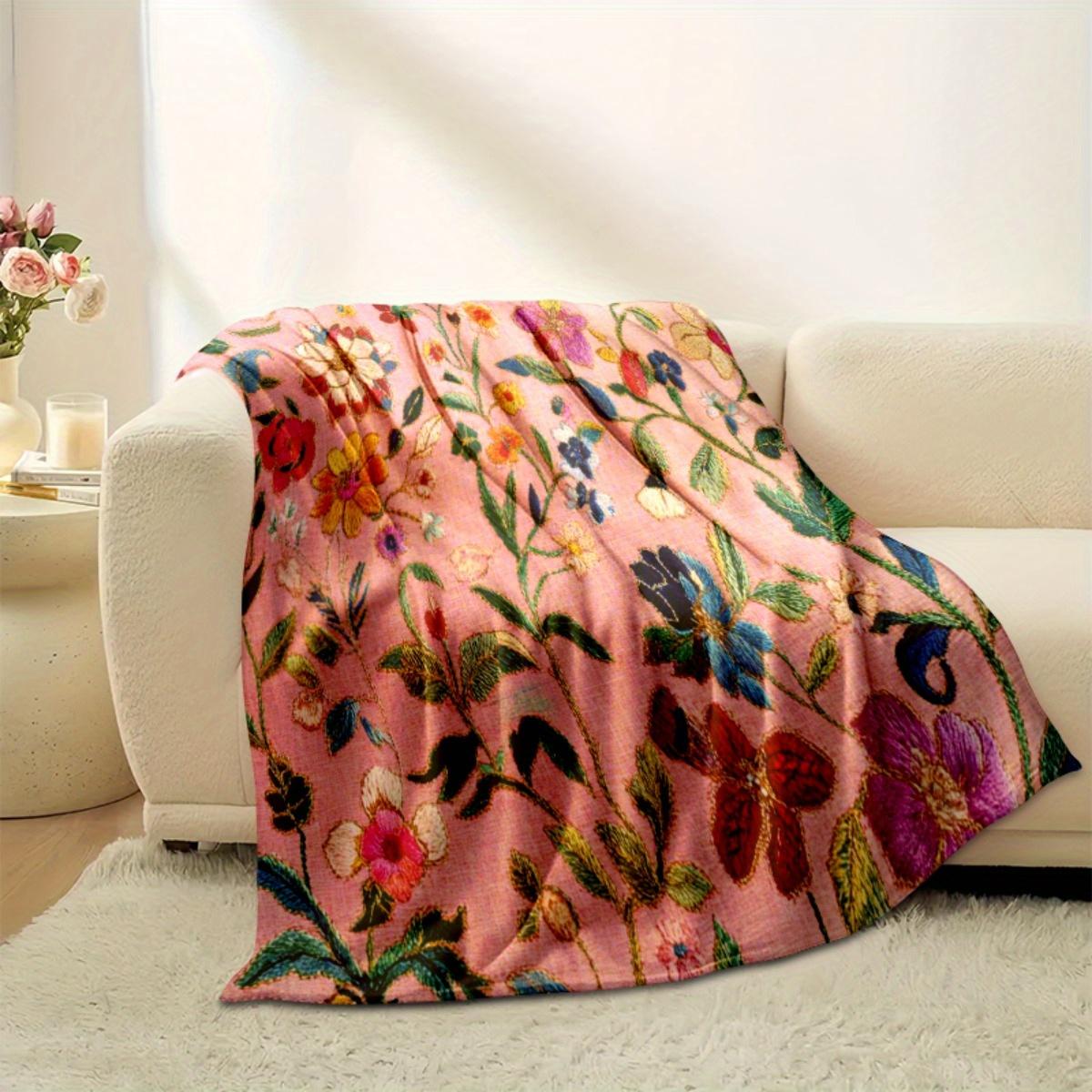 Vintage Floral Embroidery Print Throw Blanket, Soft Flannel All-Season Cozy Blanket for Sofa Bed, Camping & Gift 75cmx90cm