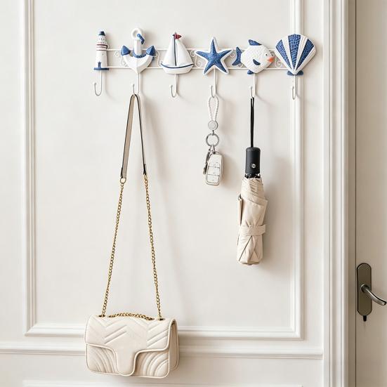 Beach Wooden Wall Hook Summer Ocean Theme Towel Rack with 6 Hooks for Bathroom Bedroom Kitchen Decorative Organizer for Coats Aprons Hats