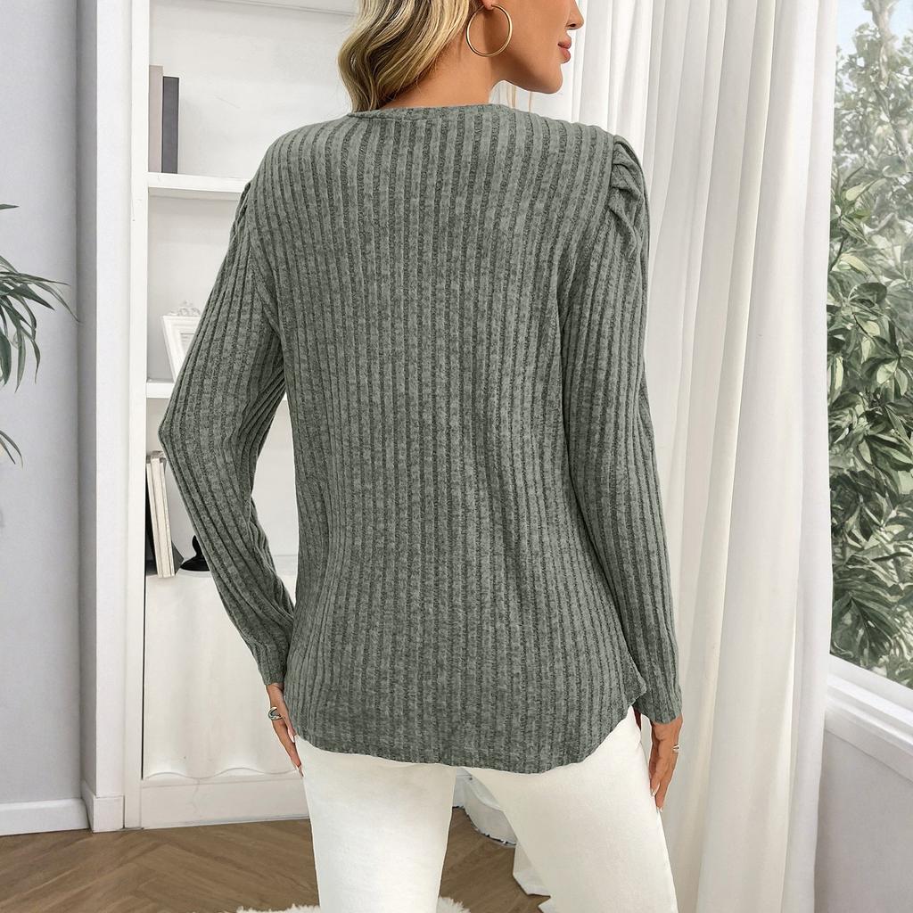 Women's Fashionable Solid Color Long Sleeved Round Neck Loose Casual Pullover T-shirt Top