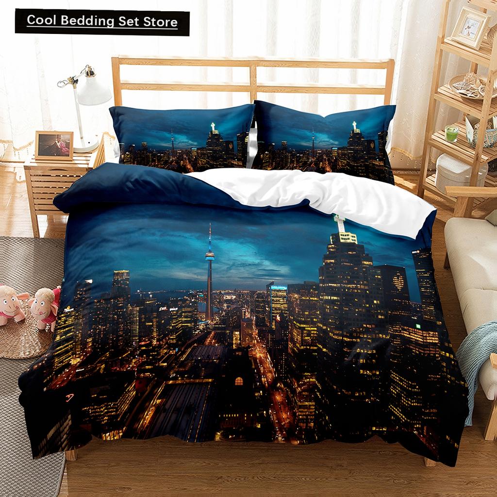 Comforter Cityscapes King Queen Tall Buildings Landscape Bedding Set Busy Traffic View Polyester Comforter