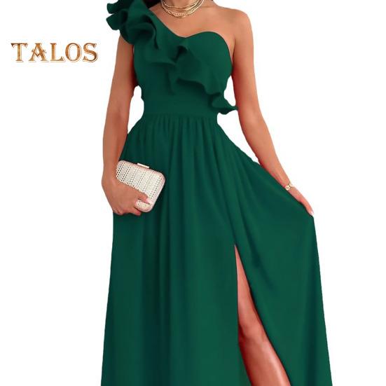 Lady Evening Dress One Shoulder Sleeveless Split Hem Solid Color Ruffle Pleated Solid Color Off Shoulder Prom Cocktail Party Maxi Dress Ball Gown