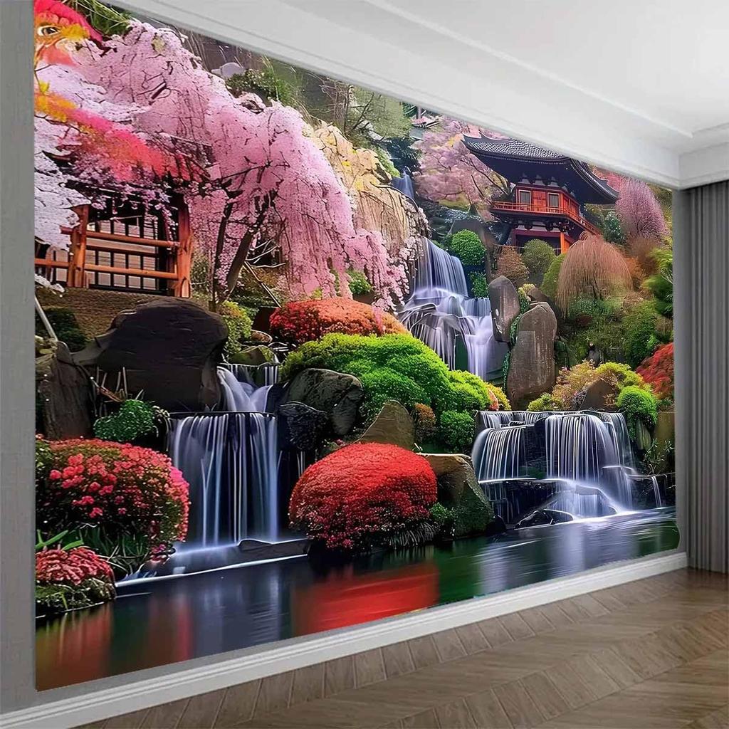 Japanese pink cherry blossom tree wallpaper: mountain wall art, waterfall and spring landscape for bedroom or living room.