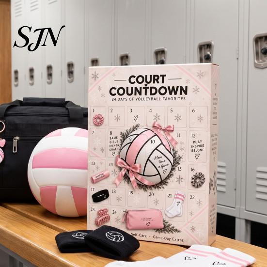 Christmas Countdown Box for Teens Volleyball Girl Advent Calendar, 24-Day Sports Accessories School Team Presents with Hair Ties Charms Socks,