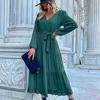 Chiffon Elegant Women Dress High Waist A-Line Long Sleeve V-Neck Knee Length Solid Autumn Winter