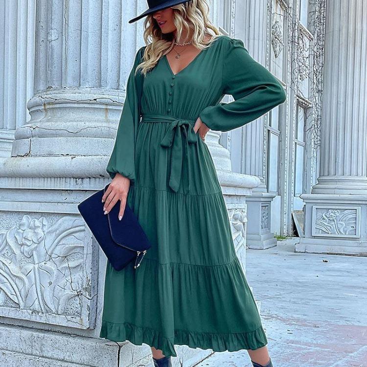 Chiffon Elegant Women Dress High Waist A-Line Long Sleeve V-Neck Knee Length Solid Autumn Winter