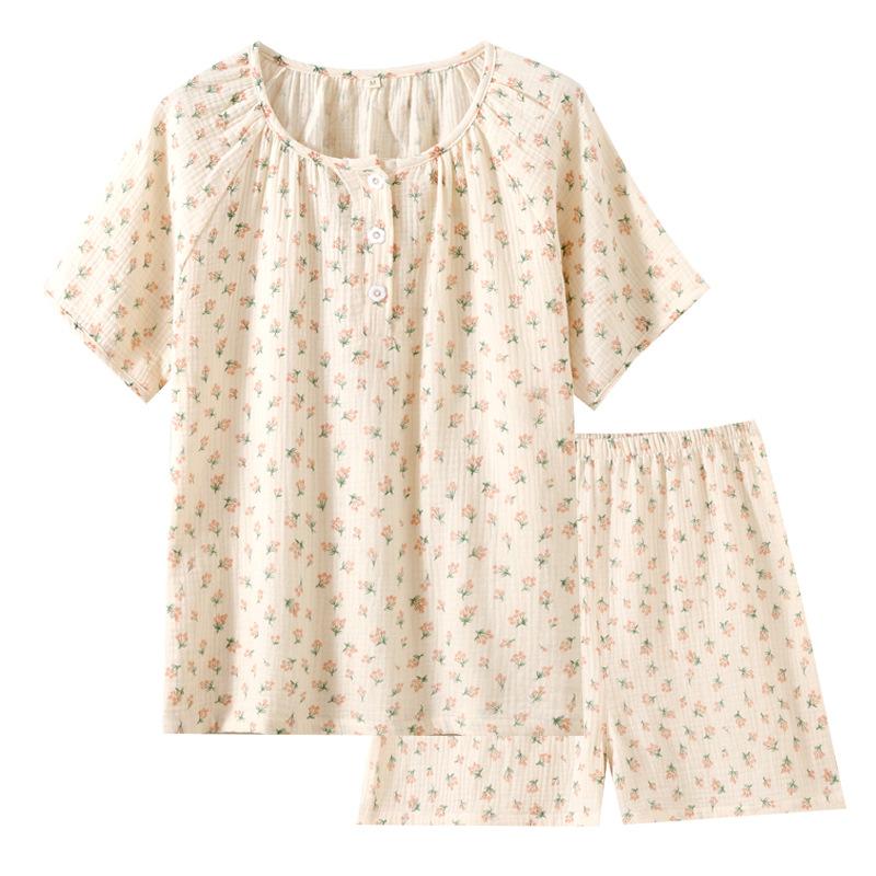 Cotton Yarn Pajamas Women's Summer Round Neck Short-sleeved Shorts Pullover Shoulder Plug Sweet Summer Thin Cotton Loungewear Set