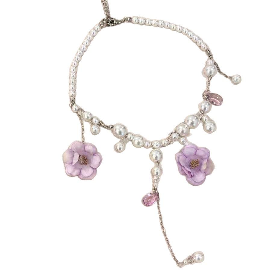 Pure Desire Wind Super Fairy Purple Flower Imitation Pearl Necklace Female Spring and Summer Atmosphere Sweet Temperament Choker Collarbone Chain