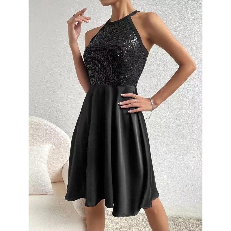 Fashion Sequin Stitching A-line Summer Dress Women Party Tank Short Princess Dress 2023 Sleeveless Y2k Pleated Clothes 25482
